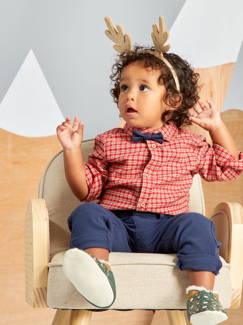Conjunto de camisa de cuadros + pantalón de franela + pajarita ROJO - Kiabi