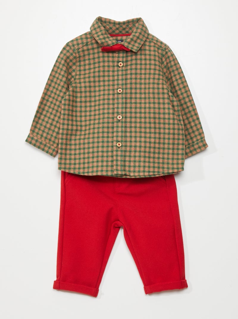 Conjunto de camisa de cuadros + pantalón de franela + pajarita VERDE - Kiabi