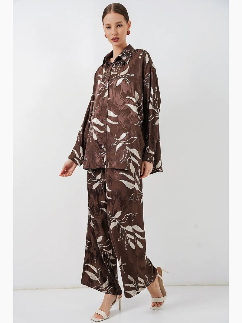 Conjunto de camisa floral de viscosa y pantalón de pernera ancha bdart Marrón chocolate - Kiabi