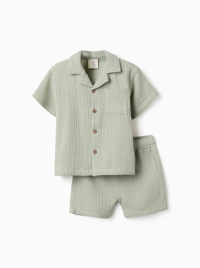 Conjunto de camisa y bermudas de algodón Verde claro - Kiabi