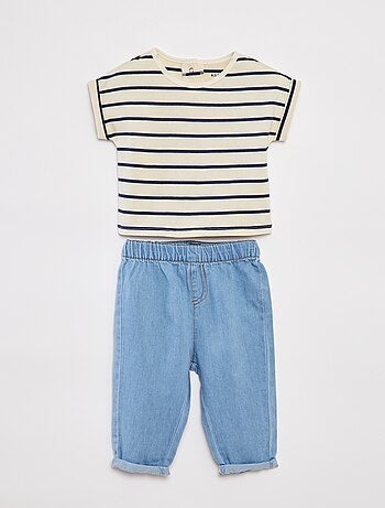 Conjunto de camiseta a rayas + pantalón vaquero - 2 piezas