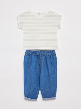Conjunto de camiseta a rayas + pantalón vaquero - 2 piezas