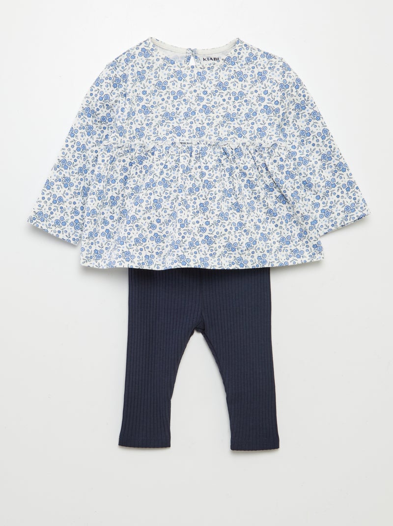 Conjunto de camiseta de flores + legging de canalé - 2 piezas BLANCO - Kiabi