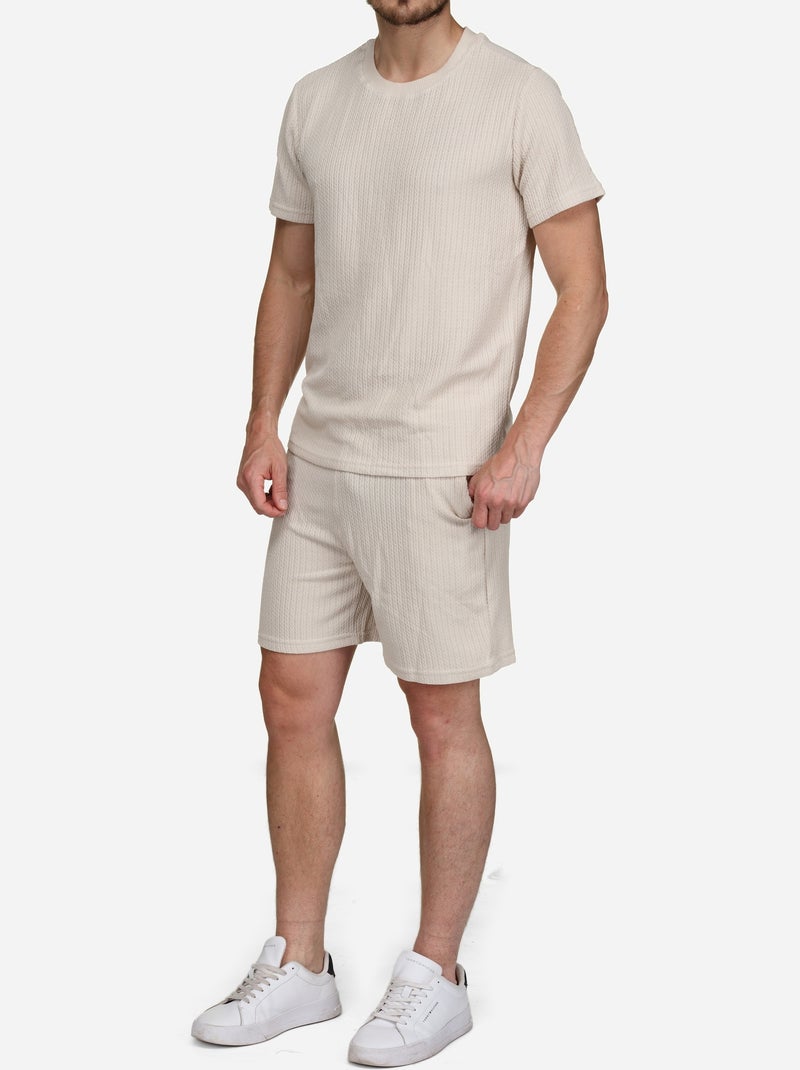 Conjunto de camiseta y pantalones cortos lisos y estampados - Frilivin Crema - Kiabi