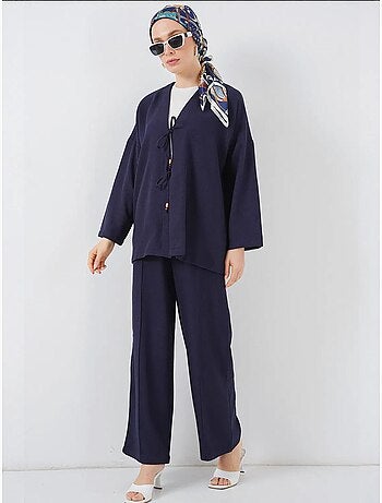 Conjunto de cárdigan con cuello de pico y pantalón de pierna ancha bdart