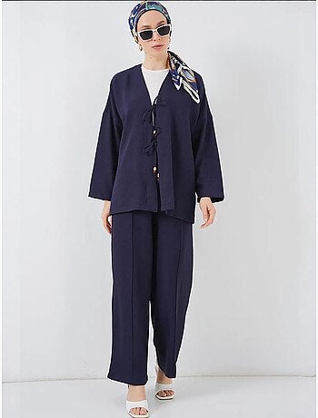 Conjunto de cárdigan con cuello de pico y pantalón de pierna ancha bdart