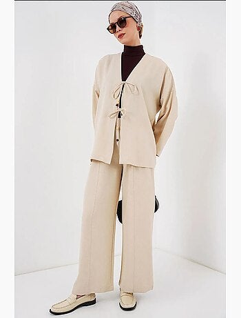 Conjunto de cárdigan con cuello de pico y pantalón de pierna ancha bdart