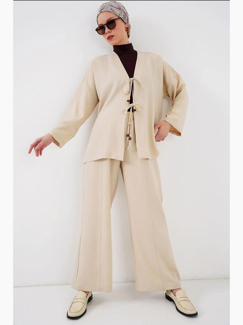 Conjunto de cárdigan con cuello de pico y pantalón de pierna ancha bdart Crema - Kiabi