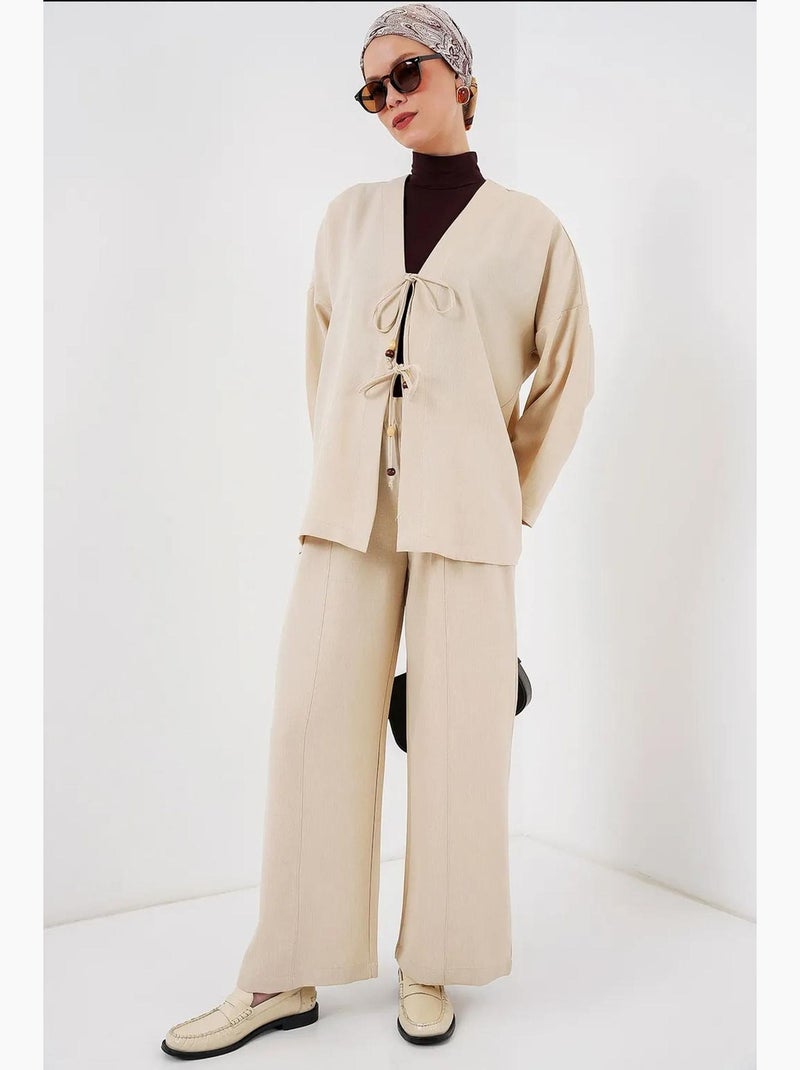 Conjunto de cárdigan con cuello de pico y pantalón de pierna ancha bdart Crema - Kiabi