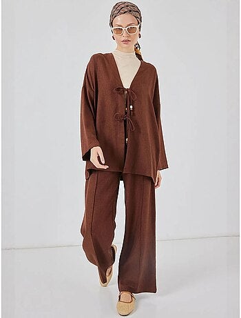 Conjunto de cárdigan con cuello de pico y pantalón de pierna ancha bdart