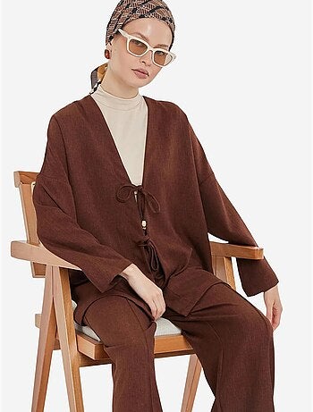 Conjunto de cárdigan con cuello de pico y pantalón de pierna ancha bdart