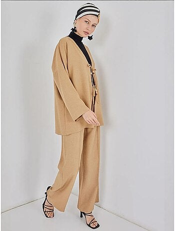 Conjunto de cárdigan con cuello de pico y pantalón de pierna ancha bdart