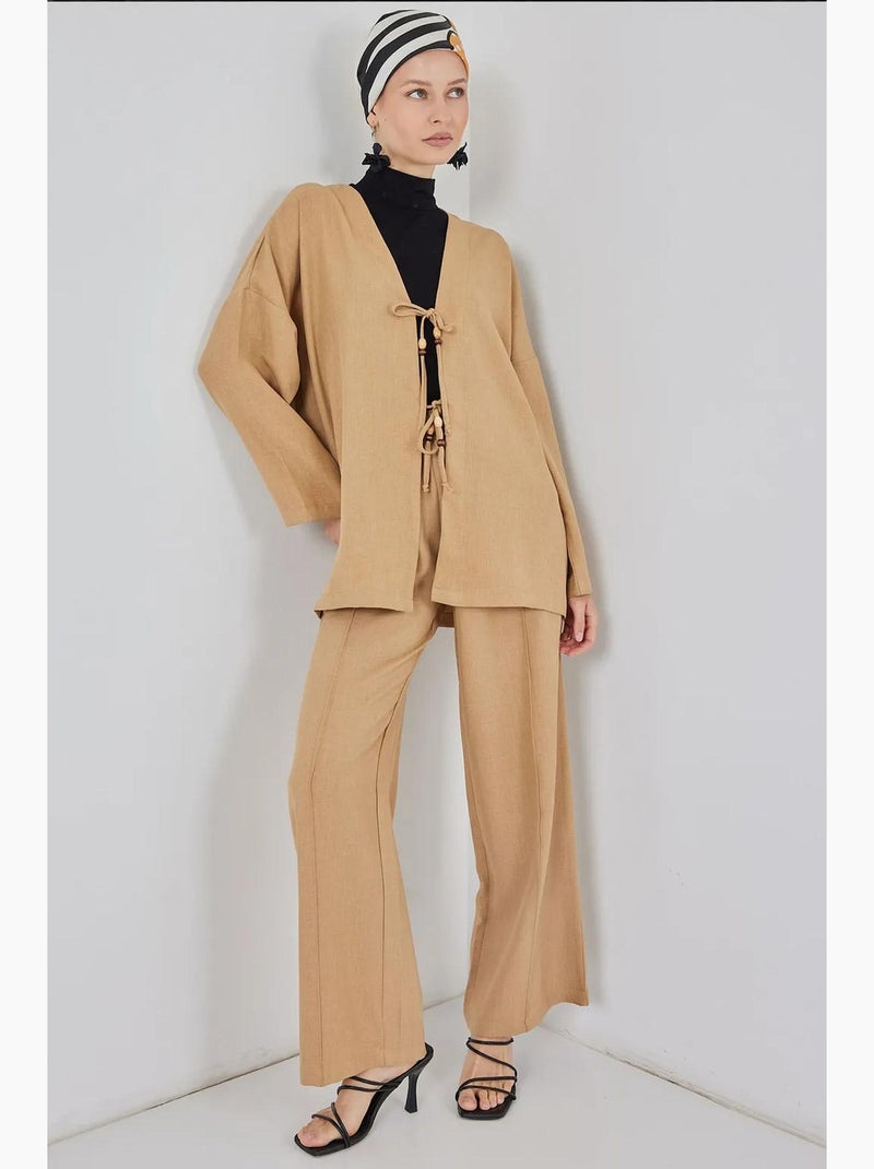 Conjunto de cárdigan con cuello de pico y pantalón de pierna ancha bdart Marrón claro - Kiabi