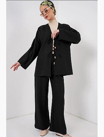 Conjunto de cárdigan con cuello de pico y pantalón de pierna ancha bdart