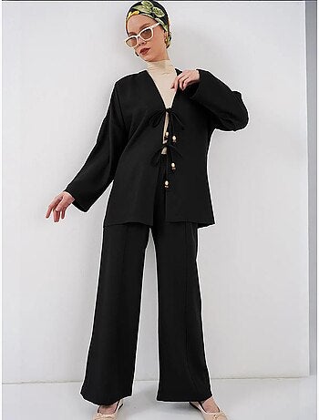Conjunto de cárdigan con cuello de pico y pantalón de pierna ancha bdart