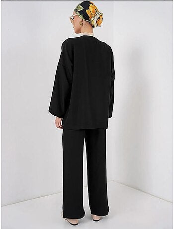 Conjunto de cárdigan con cuello de pico y pantalón de pierna ancha bdart