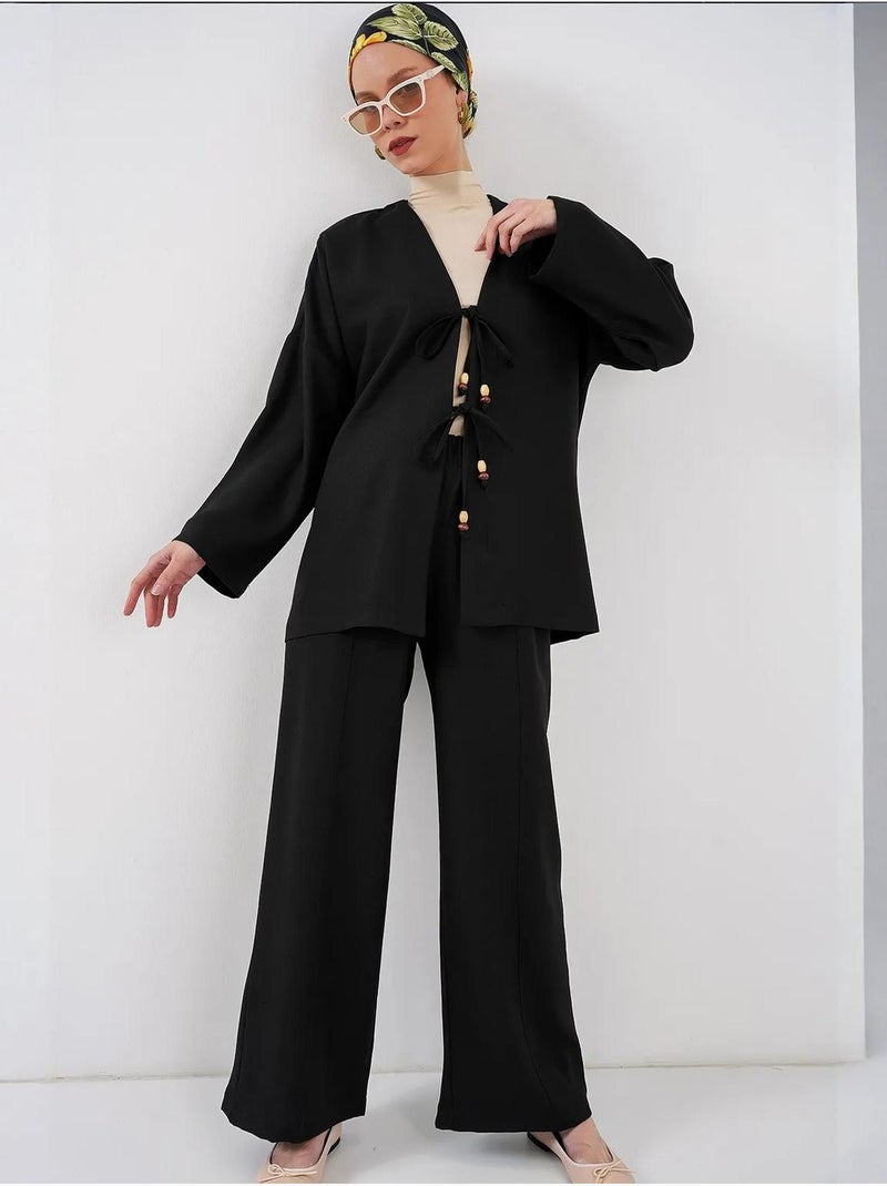 Conjunto de cárdigan con cuello de pico y pantalón de pierna ancha bdart Negro - Kiabi