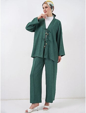 Conjunto de cárdigan con cuello de pico y pantalón de pierna ancha bdart