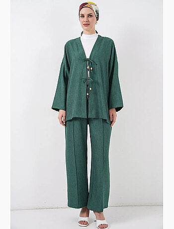 Conjunto de cárdigan con cuello de pico y pantalón de pierna ancha bdart