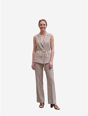 Conjunto de chaleco a rayas con cuello chal y pantalón de pernera ancha my fashion