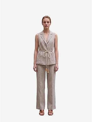 Conjunto de chaleco a rayas con cuello chal y pantalón de pernera ancha my fashion