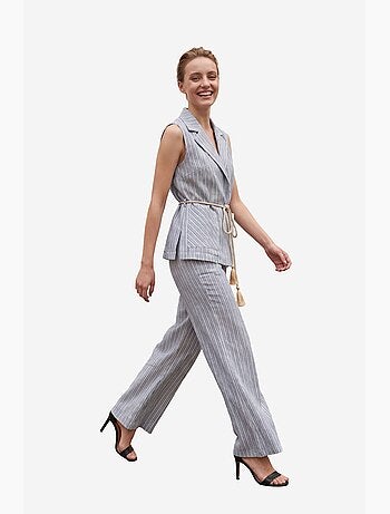 Conjunto de chaleco a rayas con cuello chal y pantalón de pernera ancha my fashion