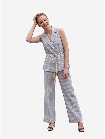 Conjunto de chaleco a rayas con cuello chal y pantalón de pernera ancha my fashion