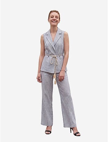 Conjunto de chaleco a rayas con cuello chal y pantalón de pernera ancha my fashion