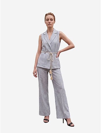 Conjunto de chaleco a rayas con cuello chal y pantalón de pernera ancha my fashion