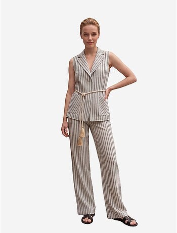 Conjunto de chaleco a rayas con cuello chal y pantalón de pernera ancha my fashion