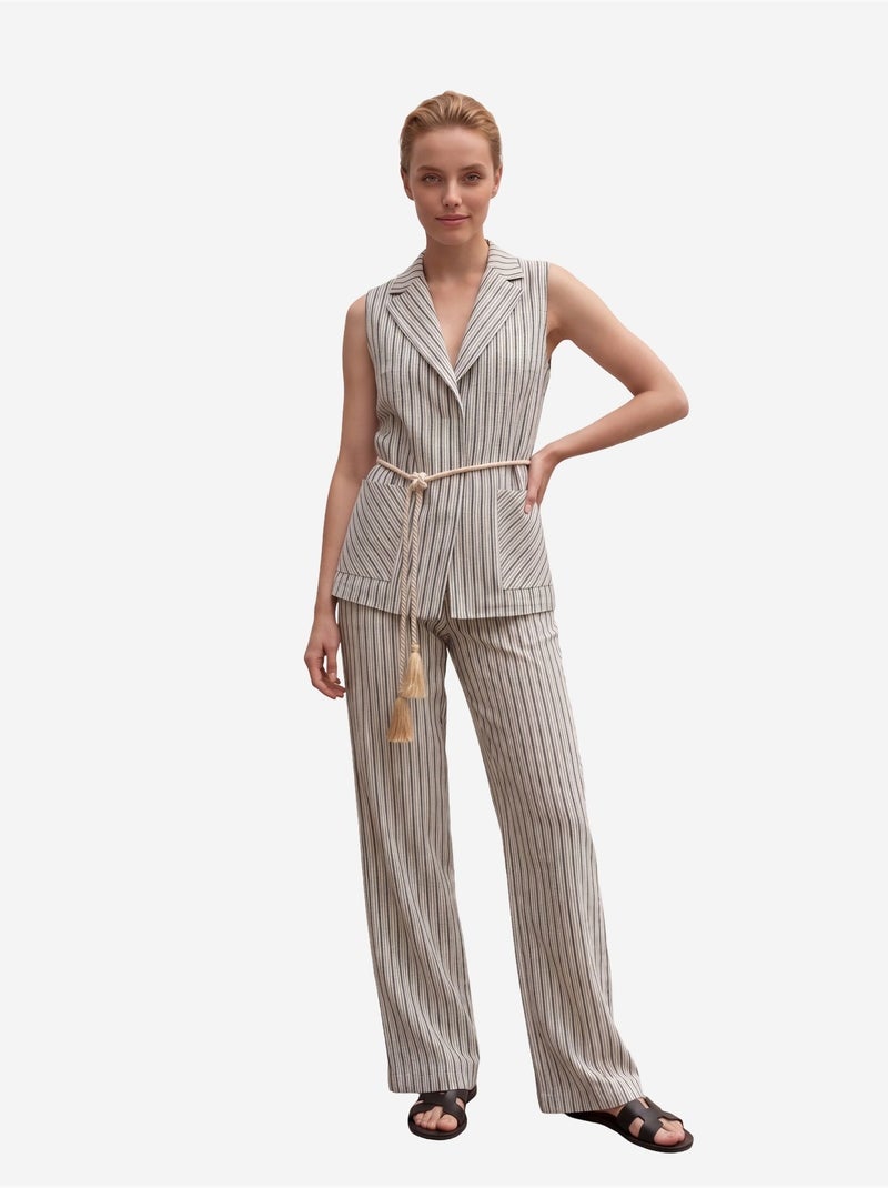 Conjunto de chaleco a rayas con cuello chal y pantalón de pernera ancha my fashion Beige claro - Kiabi