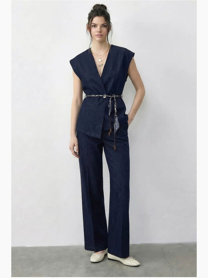 Conjunto de chaleco con escote en v con cinturón y pantalón de pernera ancha lucci Azul marino - Kiabi