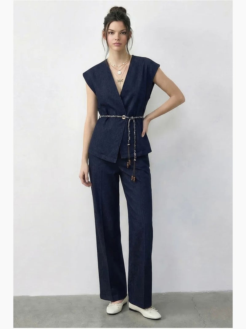Conjunto de chaleco con escote en v con cinturón y pantalón de pernera ancha lucci Azul marino - Kiabi