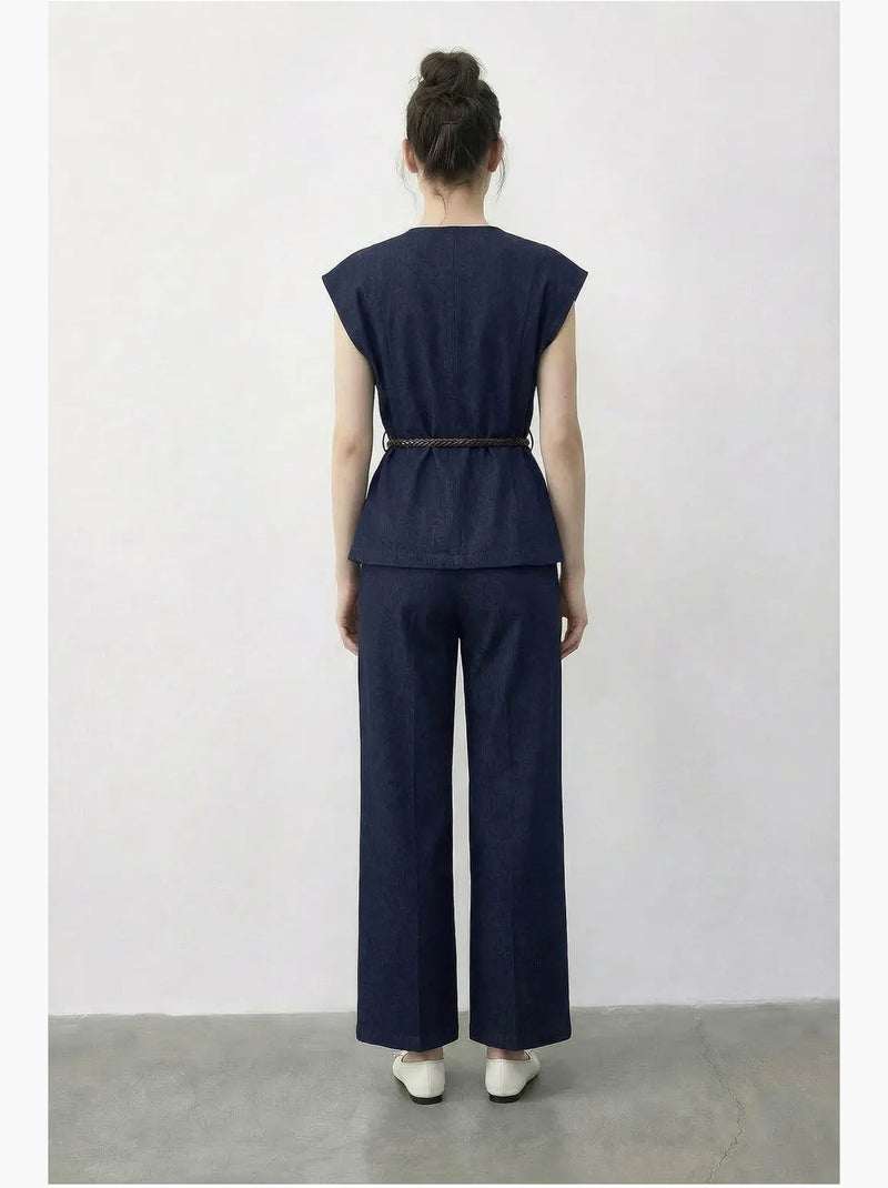 Conjunto de chaleco con escote en v con cinturón y pantalón de pernera ancha lucci Azul marino - Kiabi