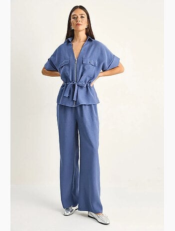Conjunto de chaleco y pantalón de pernera ancha en popelina de algodón lucci