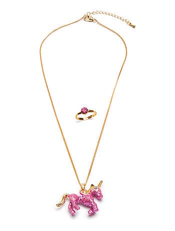 Conjunto de collar y anillo unicornio rosa con purpurina | Great Pretenders