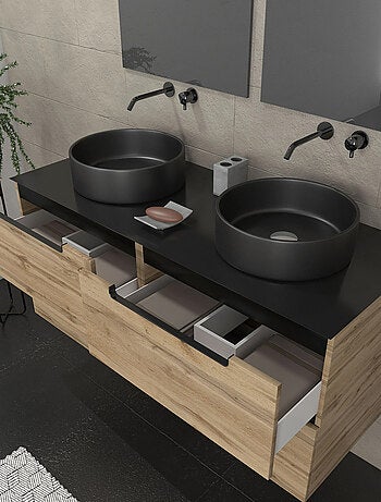 Conjunto de cuarto de baño con 2 lavabos redondos y 2 espejos rectangulares LED