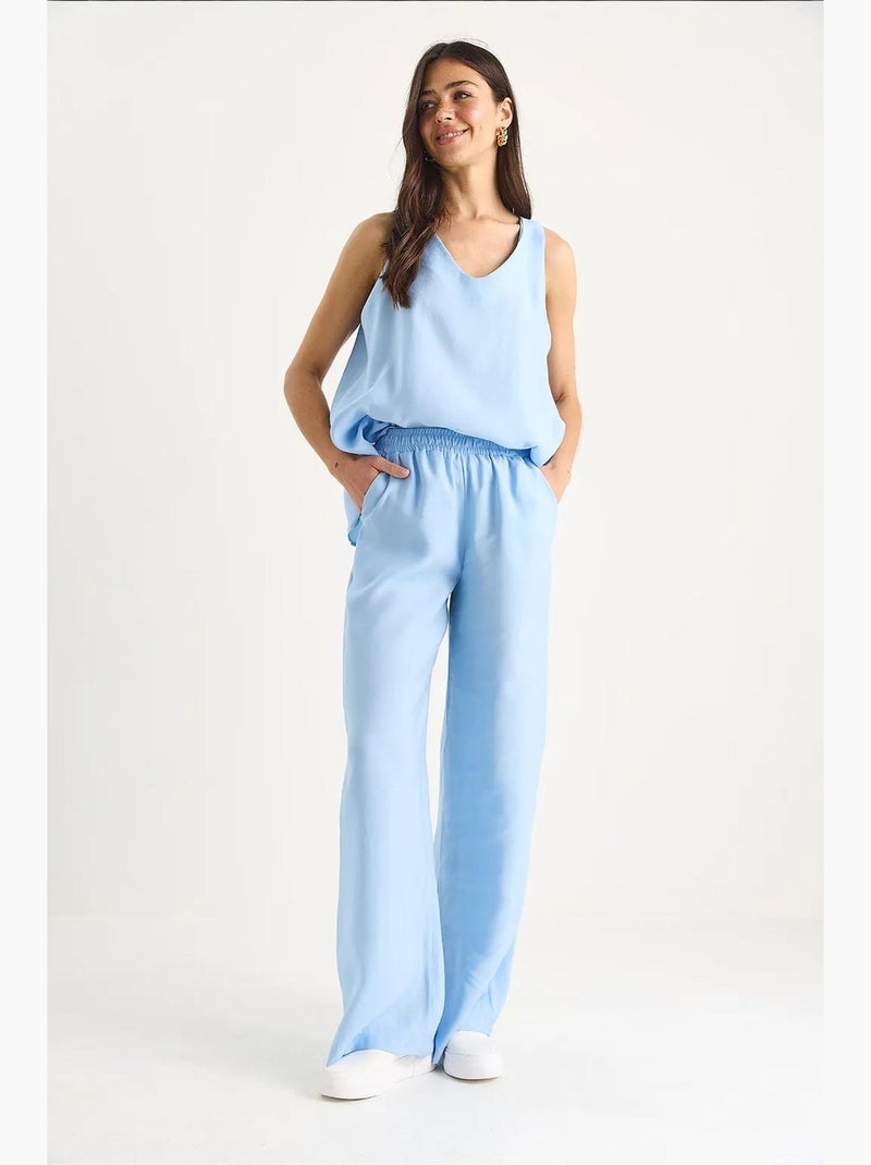Conjunto de dos piezas con blusa de tirantes y cuello en v y pantalón palazzo lucci Azul cielo - Kiabi
