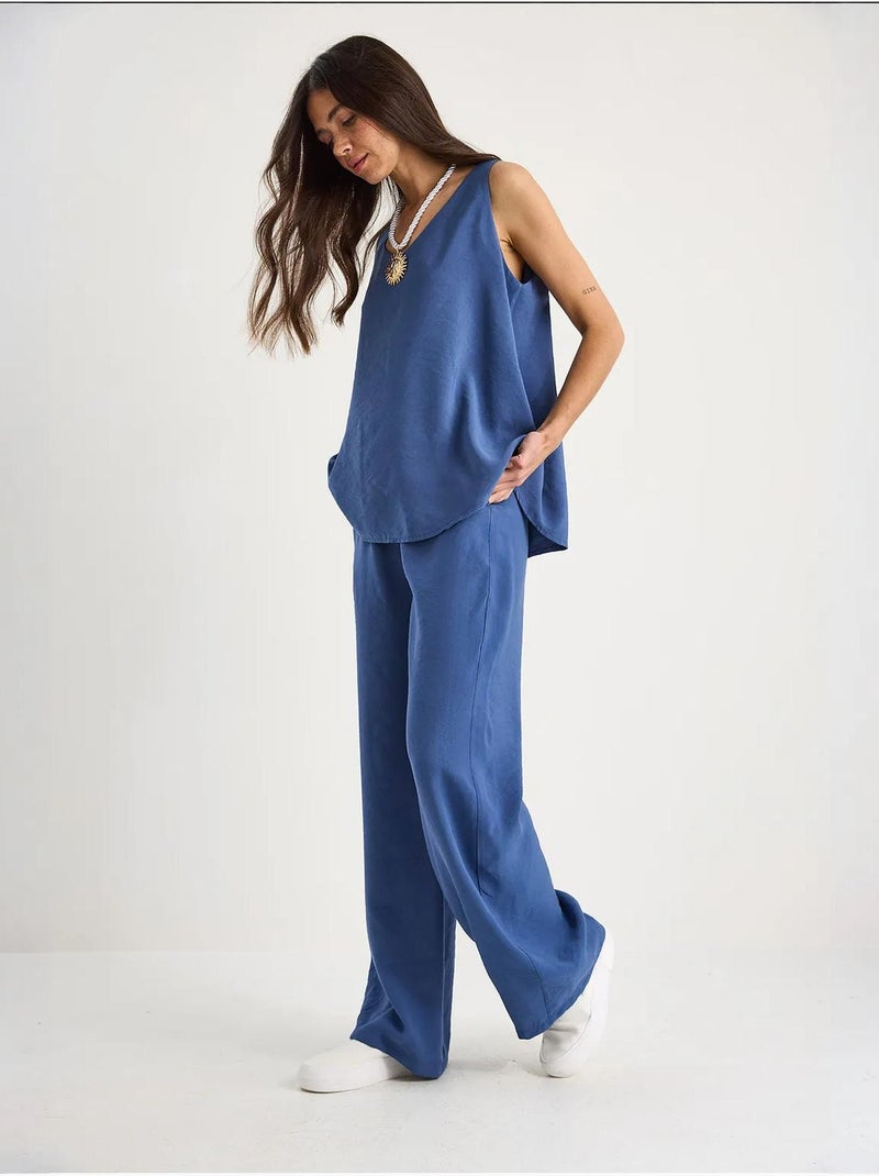 Conjunto de dos piezas con blusa de tirantes y cuello en v y pantalón palazzo lucci Azul zafiro - Kiabi