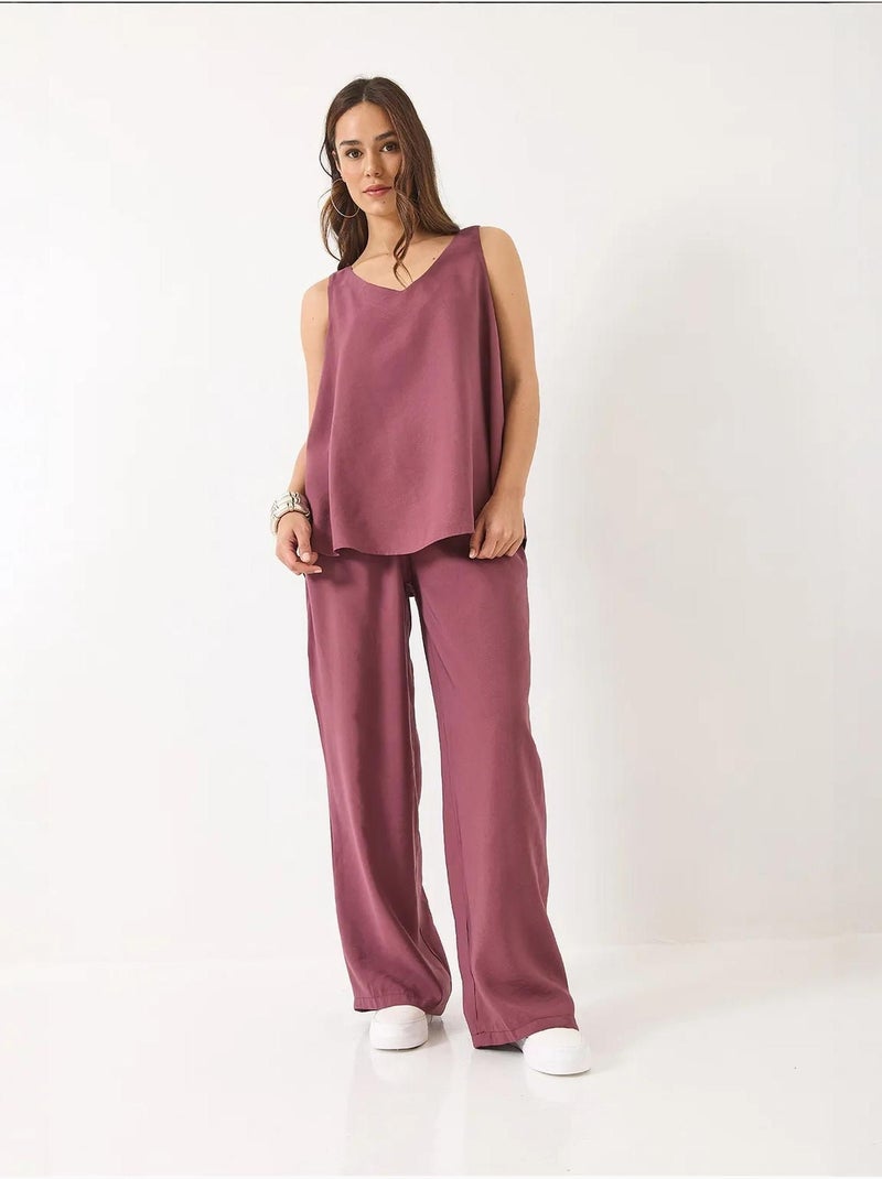 Conjunto de dos piezas con blusa de tirantes y cuello en v y pantalón palazzo lucci Ciruela - Kiabi