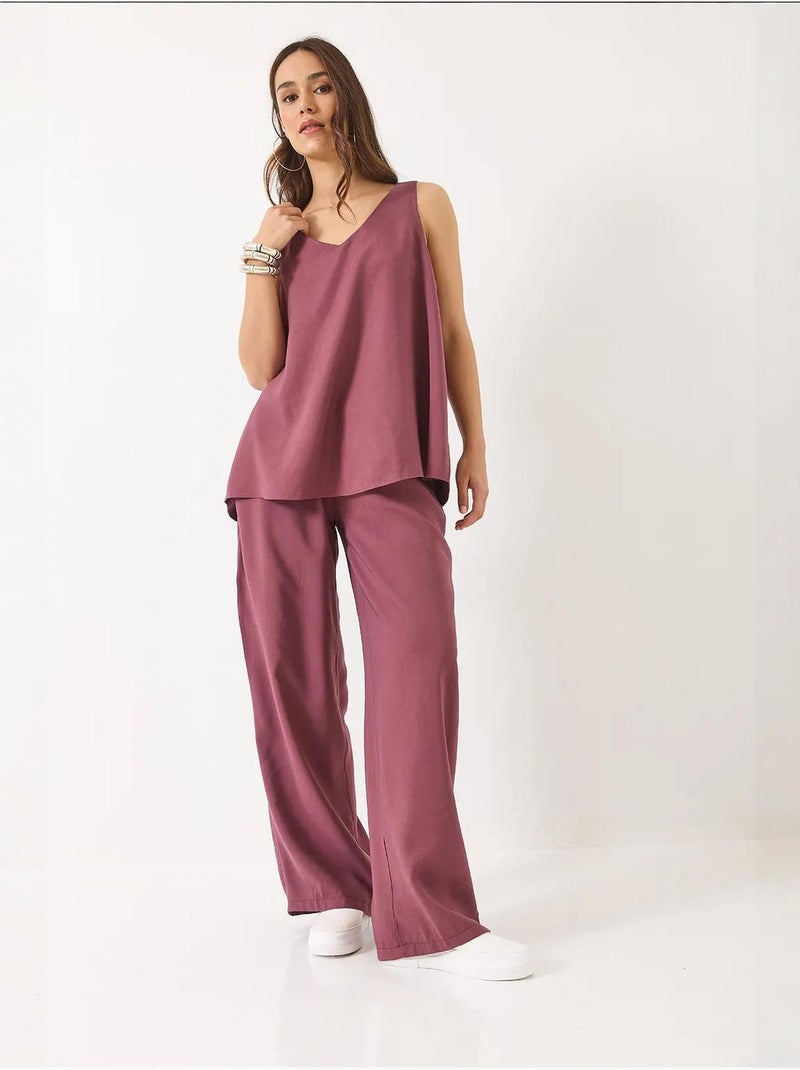Conjunto de dos piezas con blusa de tirantes y cuello en v y pantalón palazzo lucci Ciruela - Kiabi