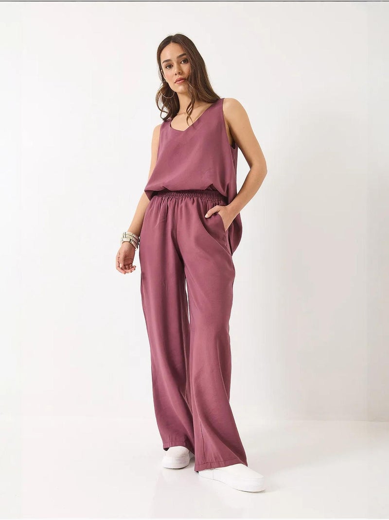 Conjunto de dos piezas con blusa de tirantes y cuello en v y pantalón palazzo lucci Ciruela - Kiabi