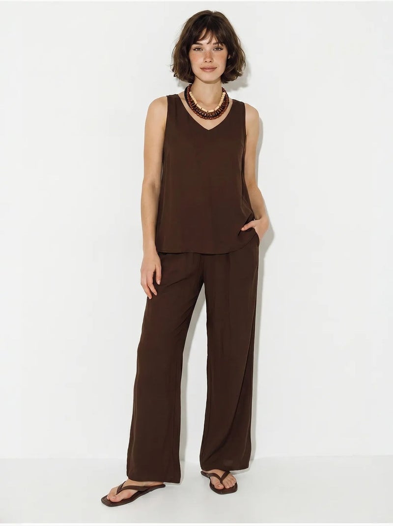 Conjunto de dos piezas con blusa de tirantes y cuello en v y pantalón palazzo lucci Marrón - Kiabi