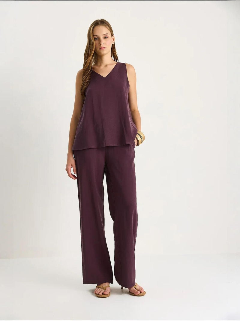 Conjunto de dos piezas con blusa de tirantes y cuello en v y pantalón palazzo lucci Violeta berenjena - Kiabi