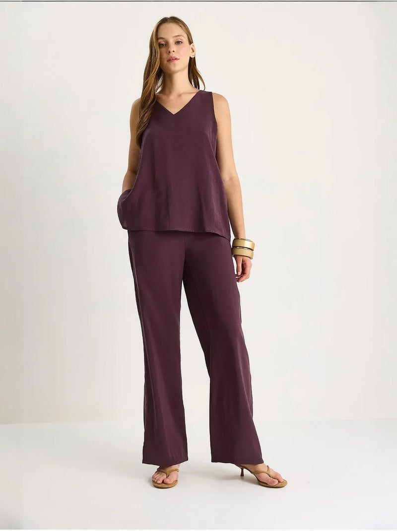 Conjunto de dos piezas con blusa de tirantes y cuello en v y pantalón palazzo lucci Violeta berenjena - Kiabi