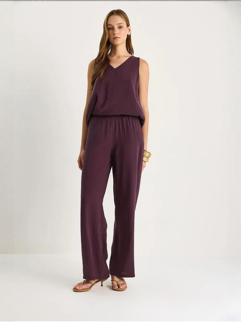Conjunto de dos piezas con blusa de tirantes y cuello en v y pantalón palazzo lucci Violeta berenjena - Kiabi