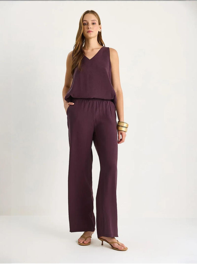 Conjunto de dos piezas con blusa de tirantes y cuello en v y pantalón palazzo lucci Violeta berenjena - Kiabi