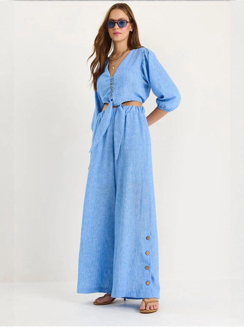Conjunto de dos piezas con blusa y pantalón abotonado con detalle de lazo lucci Azul zafiro - Kiabi