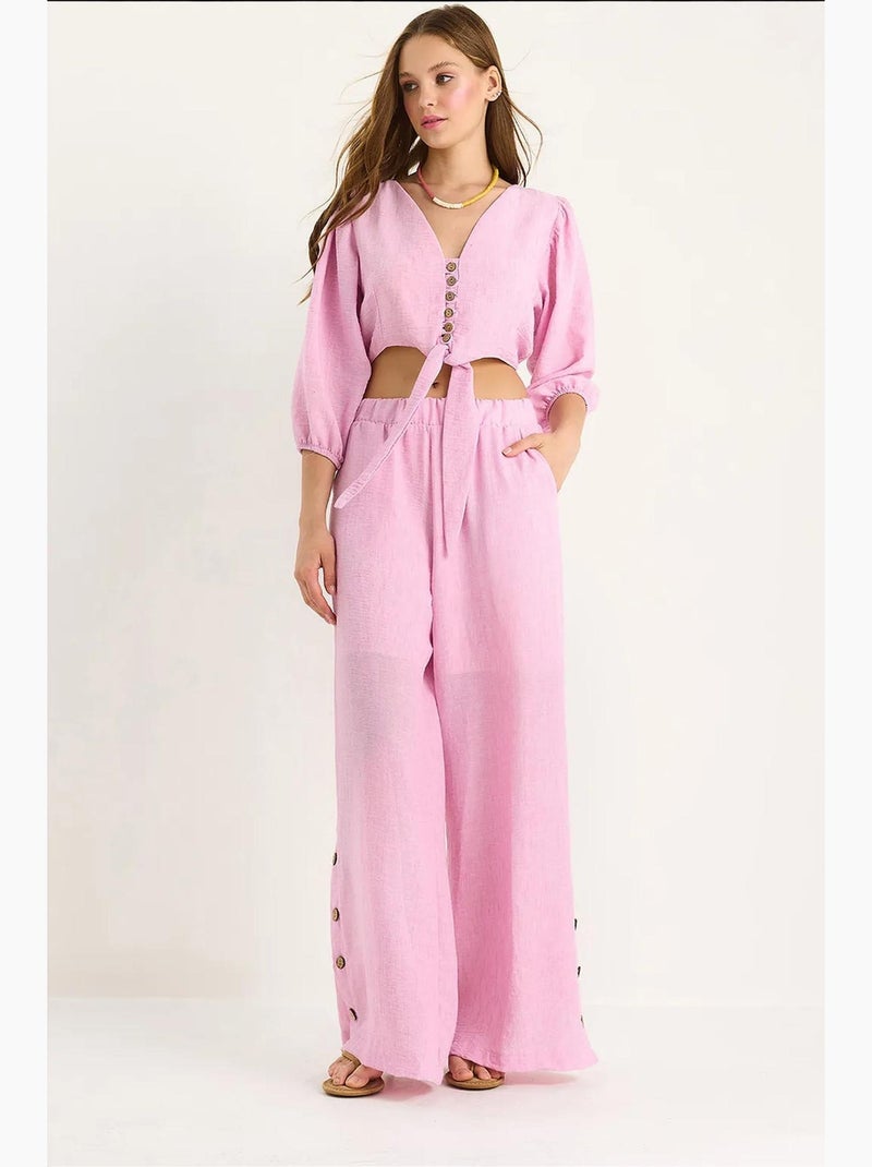 Conjunto de dos piezas con blusa y pantalón abotonado con detalle de lazo lucci Rosa fluo/Solinotes - Kiabi