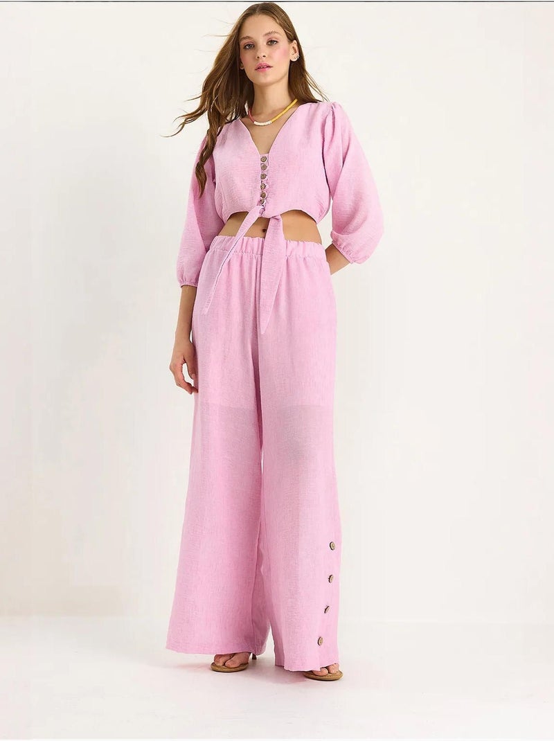 Conjunto de dos piezas con blusa y pantalón abotonado con detalle de lazo lucci Rosa fluo/Solinotes - Kiabi